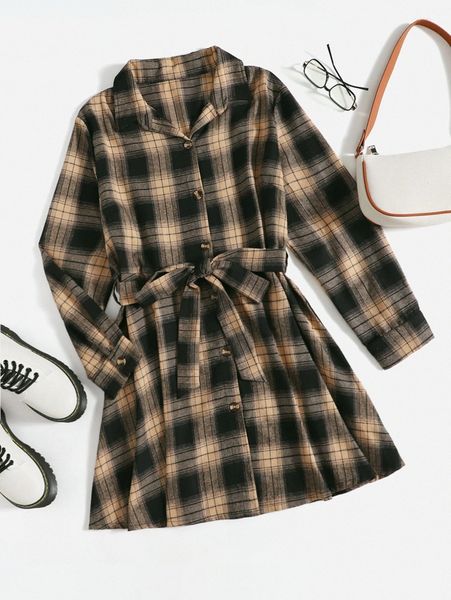 

plus plaid belted shirt dress o7st#, Black