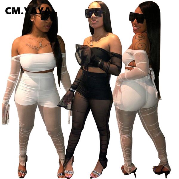 

active mesh see though club party womens set off shoulder crop slit pants sport trasuit two piece set outfitby air, White