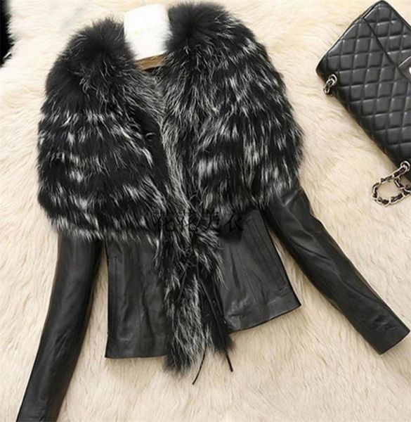 

women's fur & faux black pu jacket coat short high imitation raccoon dog wool sheep leather large collar buckle long sleeve sexy