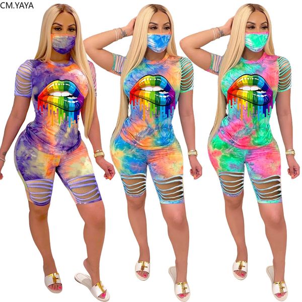 

sport women tie dye lips two piece set hole o-ne tee shorts jogger sweatpants suit trasuit matching set outfitby air, White