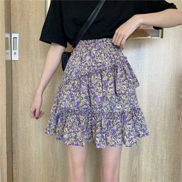 

skirts irregular flower floral high waist a chiffon skirt dao7, Black
