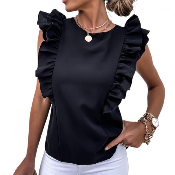 

women's blouses & shirts women blouse solid color back hollow out summer harajuku ruffle tie-up bow loose sleeveless for home streetwea, White