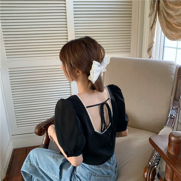 

summer korean style puff short sleeve back pearl neck t shirts womens tee shirt femme (ws241) 210423, White