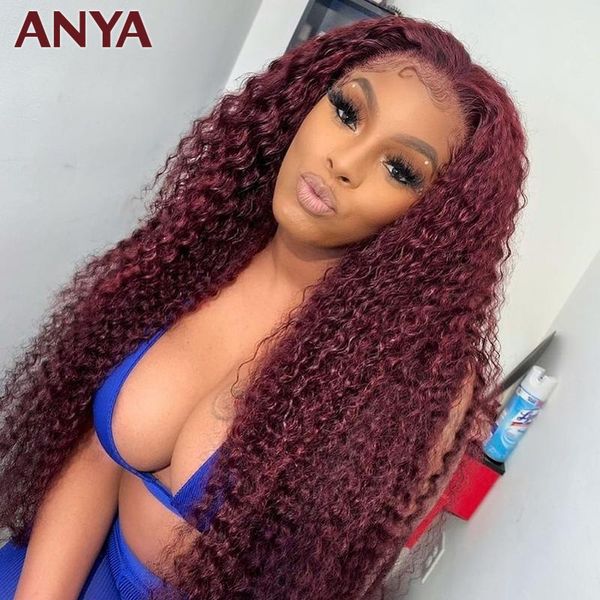 

lace wigs anya 13x4 curly 99j colored transparent front pre plucked wig malaysia human hair 180% density for black women, Black;brown