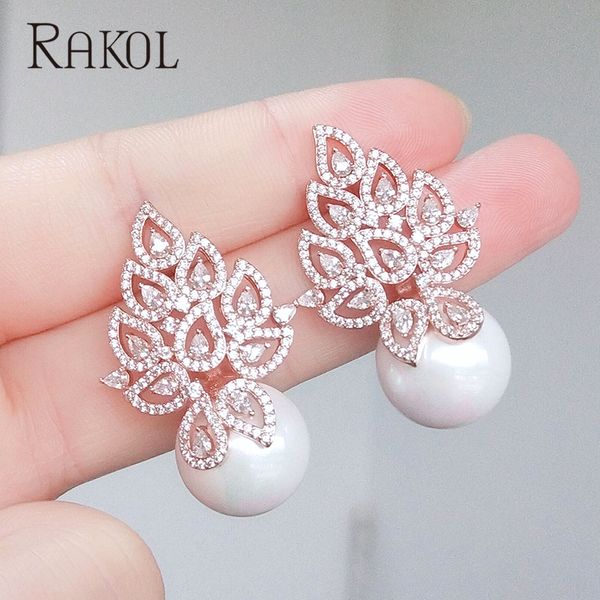 

rakol elegant full micro cubic zirconia imitation pearl leaf bridal jewelry stud earring for women fashion unique gift re622905 220211, Golden;silver