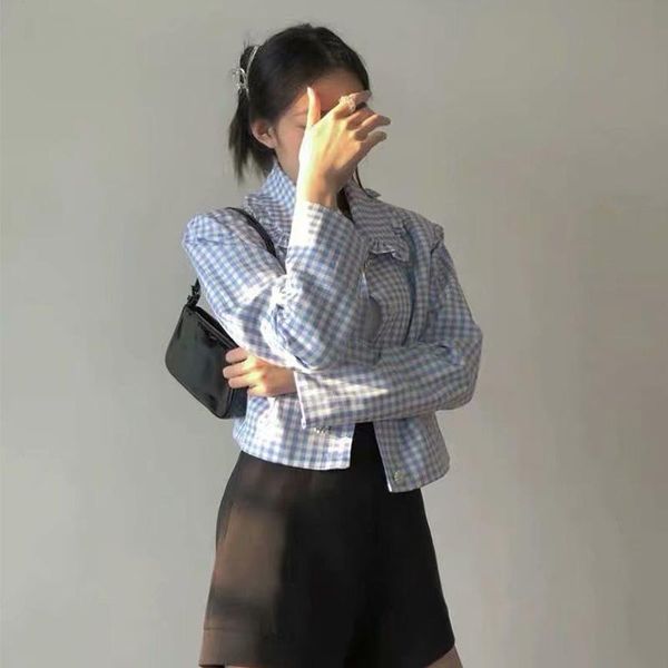 

women short coat plaid button pockets long sleeves turn-down collar female fashion casual clothes women's jackets, Black;brown