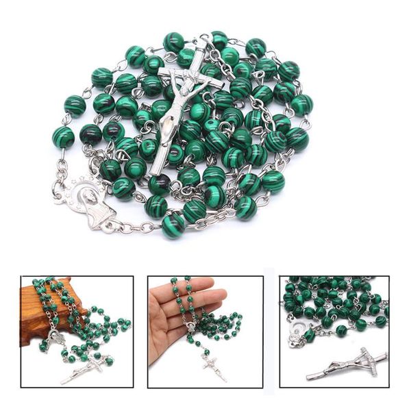 

pendant necklaces deep green catholic fashion women gift men cross malachite rosary necklace round natural stone, Silver