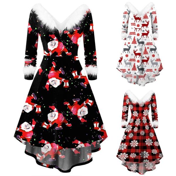 

casual dresses women dress furry v-neck santa claus snowflake print long sleeve christmas draw back swing vestidos de fiesta 2021, Black;gray