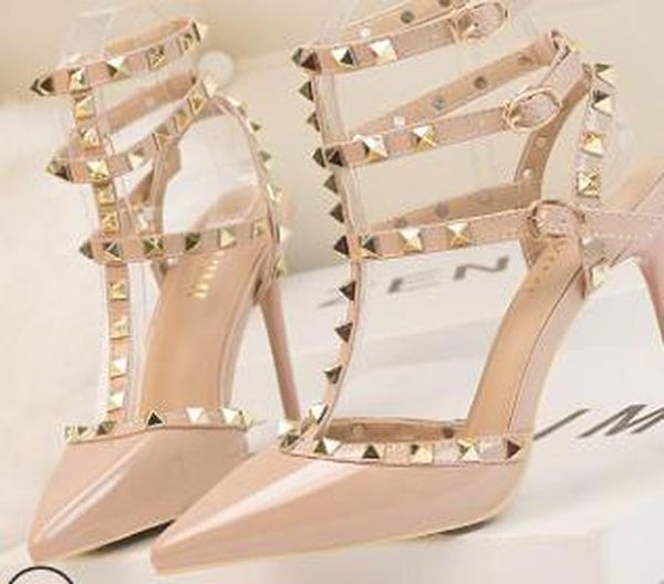 

valentino2020 fashion lady 10cm stiletto heels patent leather metal studs hollow roman fashion sandals hqv, Black