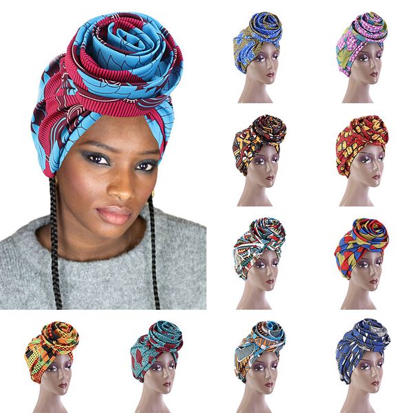 

african print stretch bandana head wrap long scarf satin floral muslim ankara women party turban headwear cap hair accessories, Blue;gray