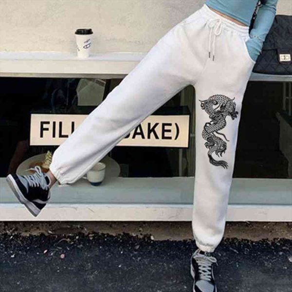 

high waist loose fleece sweatpants trousers with pocket winter white baggy dragon graphic tapered printed womens pants, Black;white