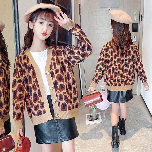 

pullover yourseason fall spring cashmere sweater girls korean knit cardigan coats for teen 10 12 year baby v-neck leopard printed, Blue