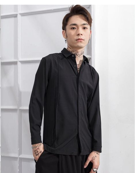 

men's casual shirts split hem black high street style long sleeve shirt in spring and summer, White;black