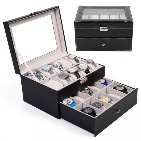 

watch boxes & cases 20 insert grid slots removable pads pu leather box display case organizer jewelry storage, Black;blue