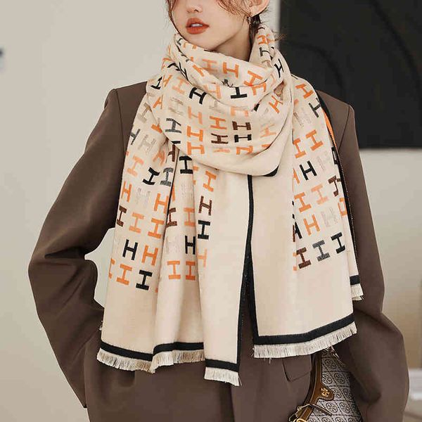 

the new design 2021 south korea autumn and winter new letter warm scarf women's double-sided imitation cashmere air conditioning shawl, Blue;gray