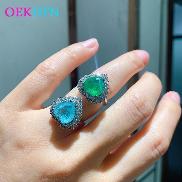 

cluster rings oekdfn 100% 925 sterling silver heart paraiba tourmaline emerald gemstone wedding engagement ring finger bands jewelry, Golden;silver
