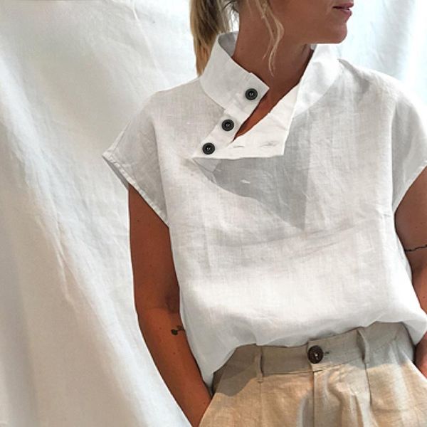 

women's polos stylish blouses 2021 tunic plus size women short sleeve summer buttons solid cotton linen casual loose blusas, White