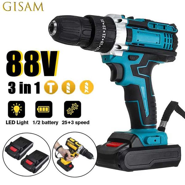 

professiona electric drills 25+3 torque cordless drill screwdriver hammer 88v dual speed power tools rechargeable with 2 battery