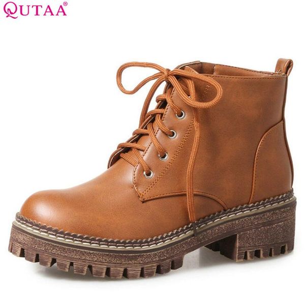 

boots qutaa 2021 women fashion lace up ankle spring and autumn grey square heel round toe ladies motorcycle size 34-43, Black