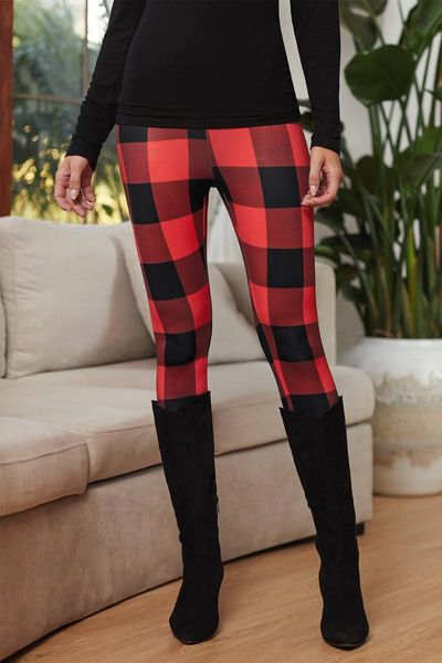 

women's leggings red plaid tight bottoms for women spring & autumn classic christmas pattern, Black