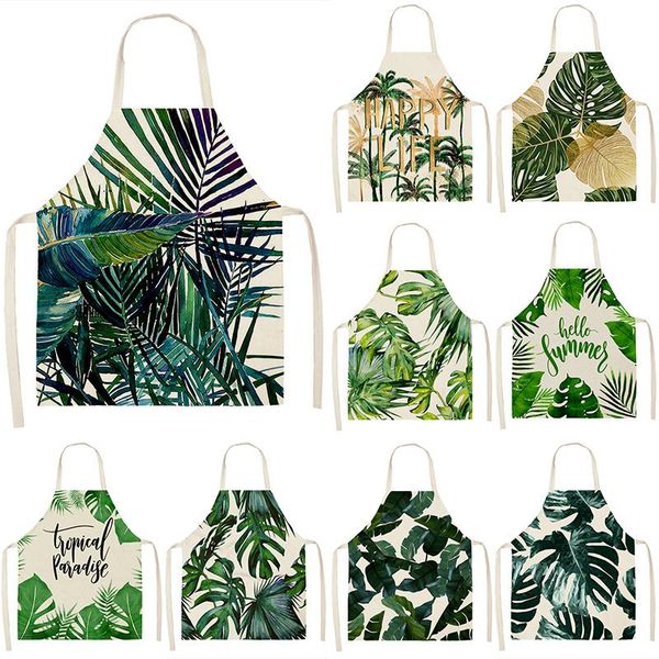 

aprons green tropical palm pattern 53*65cm cleaning home cooking kitchen apron cook wear cotton linen pinafore bibs 46342