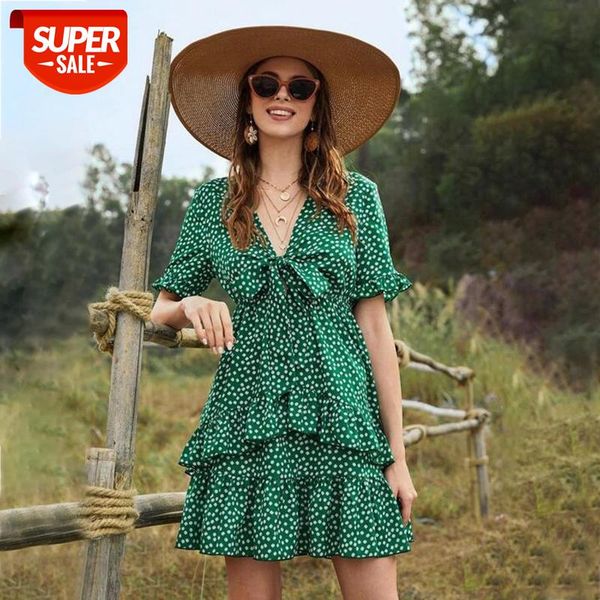 

2021 new ladies summer ruffles v-neck print dress women casual short sleeve mini dress #6f5s, White;black