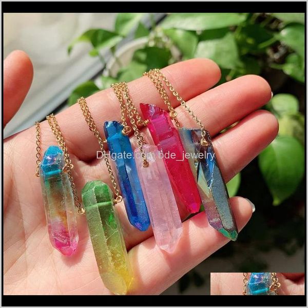 

& pendants jewelryhealing stone pendulum rock crystal necklace stainless steel chain choker chakra rainbow point natural quartz pendant neck, Silver