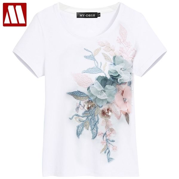 

women's elegant flower embroidery t-shirts female cotton short sleeve 5xl 210708, White