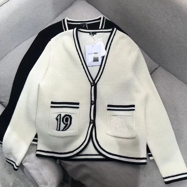 

autumn knitted sweater for women outwear thick soft jacquard letter loose neck long sleeve cardigan, White;black