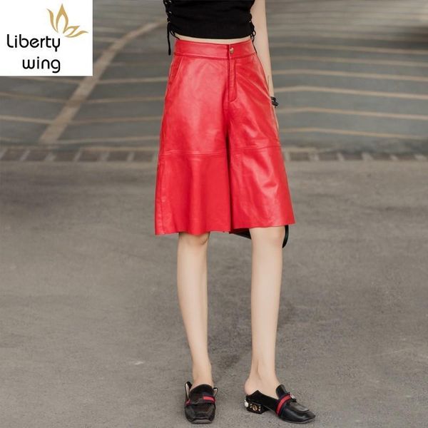 

women's pants & capris fashion womens knee length sheepskin genuine leather wide leg loose fit streetwear hip hop casual joggers harem, Black;white
