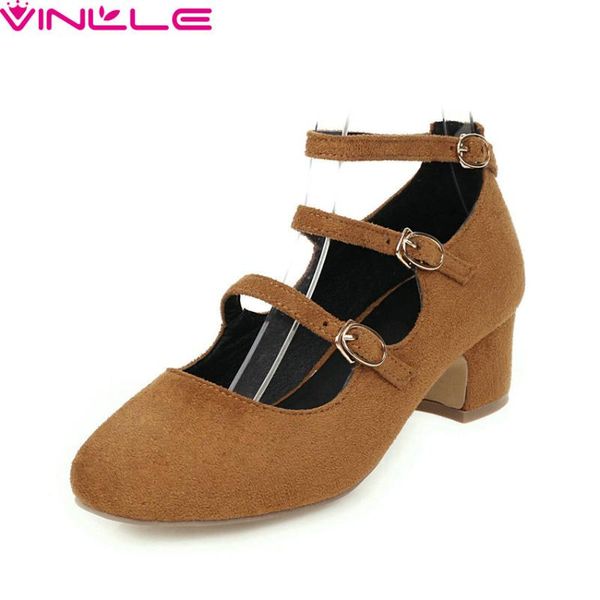 

dress shoes vinlle 2021 square middle heel shallow ladies single spring buckle round toe all match women pumps big size 34-43, Black