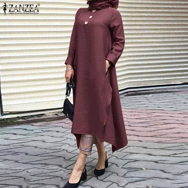 

2021vintage womens irregular sundress zanzea 2021 autumn abaya midi dress long sleeve vestidos muslim female solid button robe 5xl, Black;gray