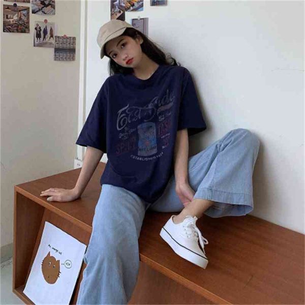 

simple letter printed casual loose fashion vintage college wind preppy style summer female women t-shirts 210426, White