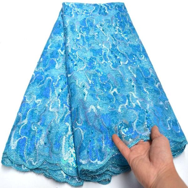 

ribbon sky blue embroidery african french lace tulle fabric with beads sequins lovely nigerian national evening gown high quality, Pink;blue