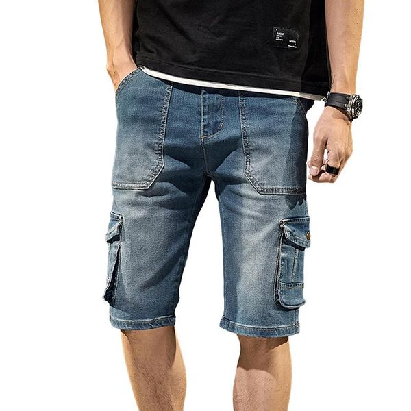 

men's jeans idopy mens casual short slim fit men multi packet biker 3d denim cargo motorcycle for man plus size 28-38, Blue