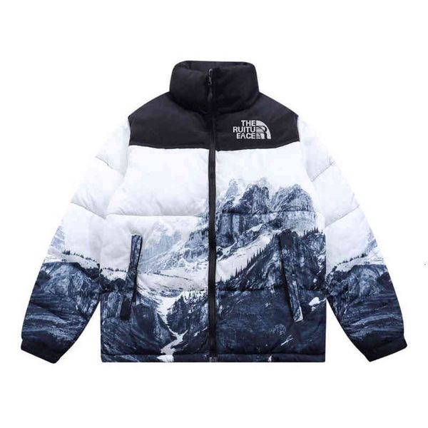 

ruitu north snow mountain printed hooded cotton padded et short men's and women's fashion brand couple, Black