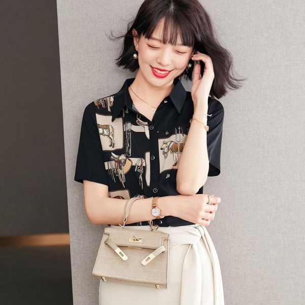 

women's blouses & shirts chiffon shirt summer fashion short sleeve single breasted print loose shirt[1-1268#], White