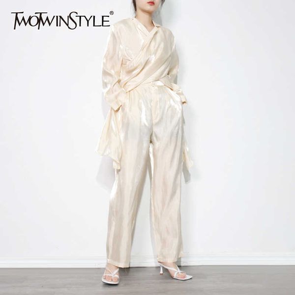 

twotyle ruched two piece set for women v neck long sleeve high waist wide leg pants solid sets female fashion clothing 210930, White