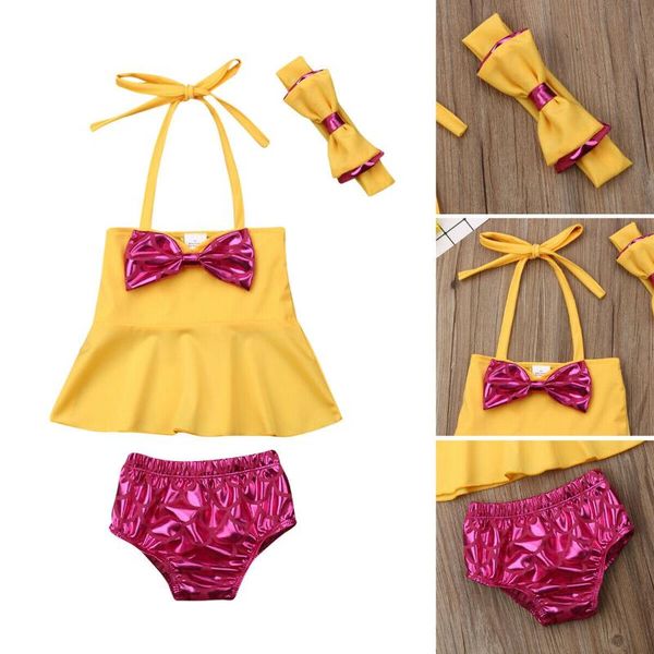

imcute 2021 new in fashion cute baby girl yellow bow halter +shorts+headband 3pcs bikini set swimwear swimsuit bathing suit, Black