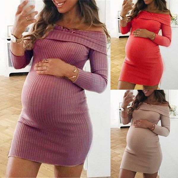 

maternity dresses pregnant dress woman solid color shoulderless clothes plus size s//l/xl/2xl long sleeve cute premama clothing, White