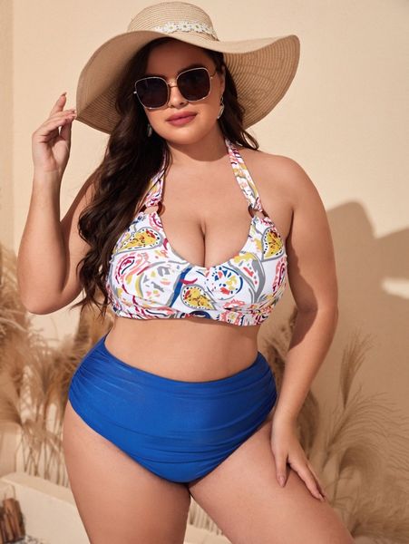 

plus paisley print halter bikini swimsuit q0sz#, Black