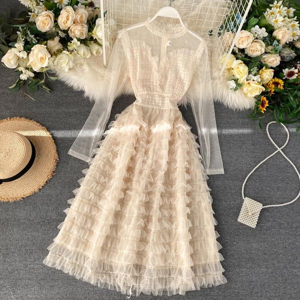 

casual dresses long sleeve mesh patchwork basic dress for women 2021 spring tulle elastic lace summer female, Black;gray