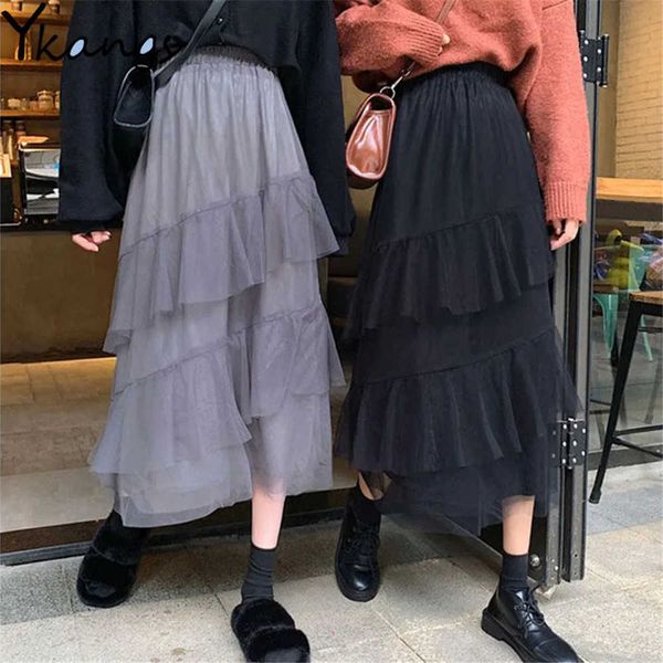 

harajuku black gothic pleated skirt women irregular mesh cake a-line skirt autumn female high waist long skirt streetwear 210619