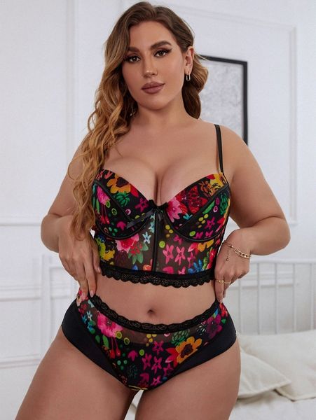 

plus floral print underwire lingerie set i7im#, Black;white
