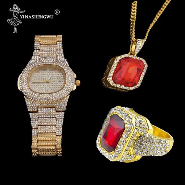 

wristwatches luxury men gold diamond watch & red ruby ring combo set ice out cuban hip hop jewelry for, Slivery;brown