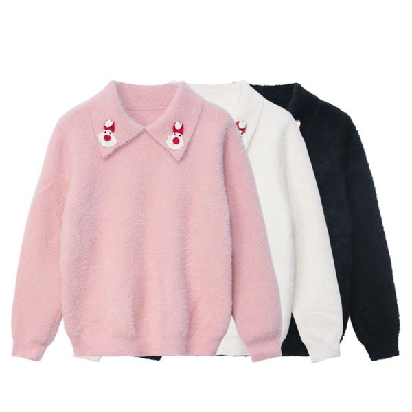 

women's sweaters christmas pullover women lapel korean sweet beauty style long sleeve santa embroidered knit warm cvrx, White;black