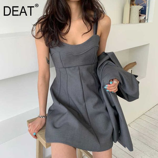 

[deat] summer fashion high waist sleeveless sling solid color temperament style a-line dress women 13q212 210527, Black;gray