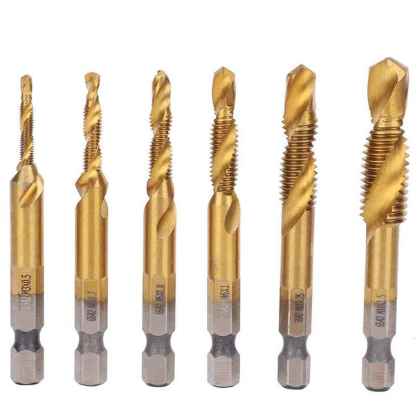 

6pcs hss tap drill bits set high speed steel titanium coated hex shank thread hand tool m3-m10 bit tools
