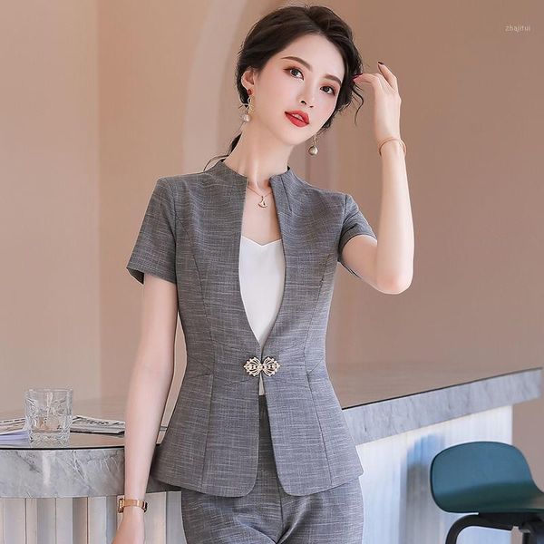 

two piece dress elegant grey summer short sleeve uniform designs pantsuits for women business work wear blazers ol styles ladies trousers se, White