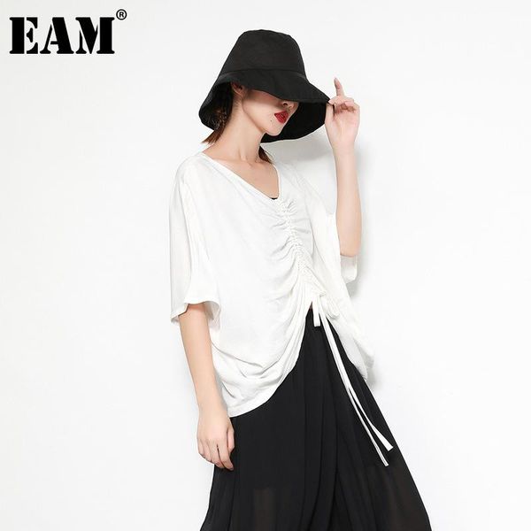 

[eam] women drawstring wrinkled irregular big size t-shirt v-neck half sleeve fashion tide spring summer 2021 1dd2307 women's, White